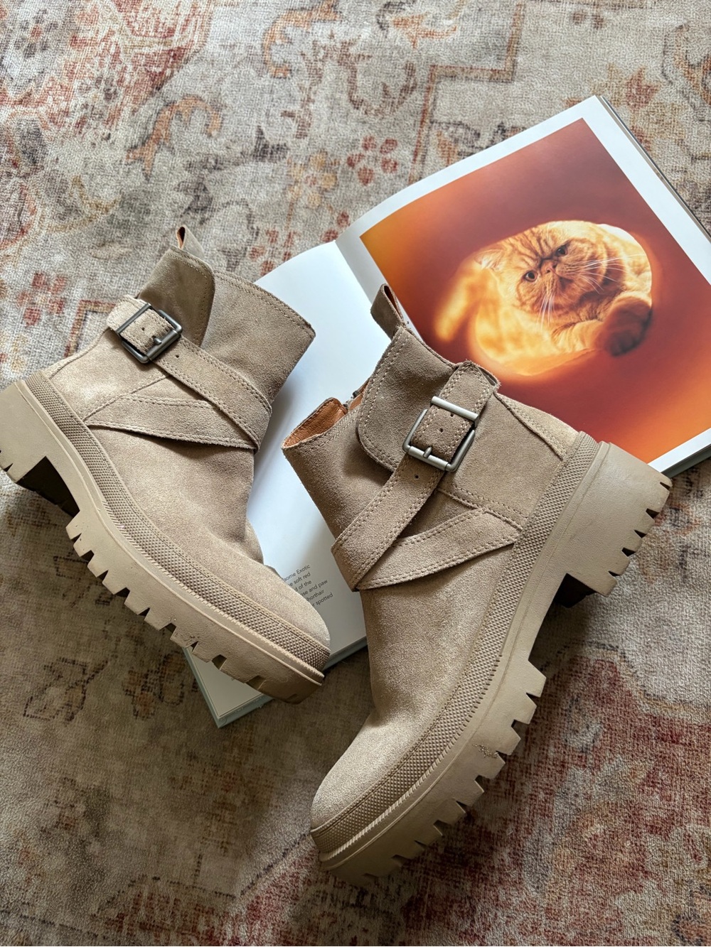Lucky Brand Beige Taupe Suede Lug-Sole Ankle Boots with Buckle